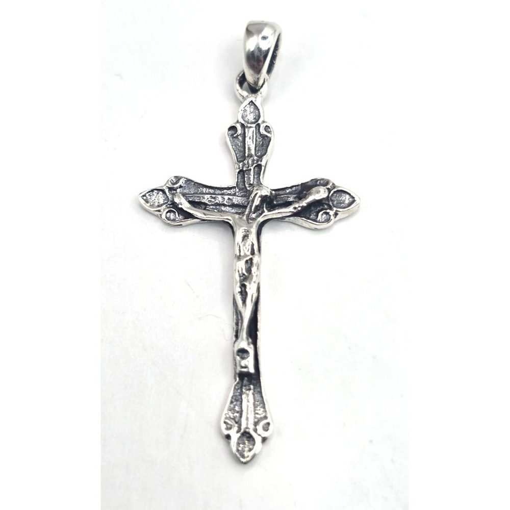 Sterling Silver Detailed‎ Crucifix Cross Pendent Jesus 1.75" Oxidized Holy Cross